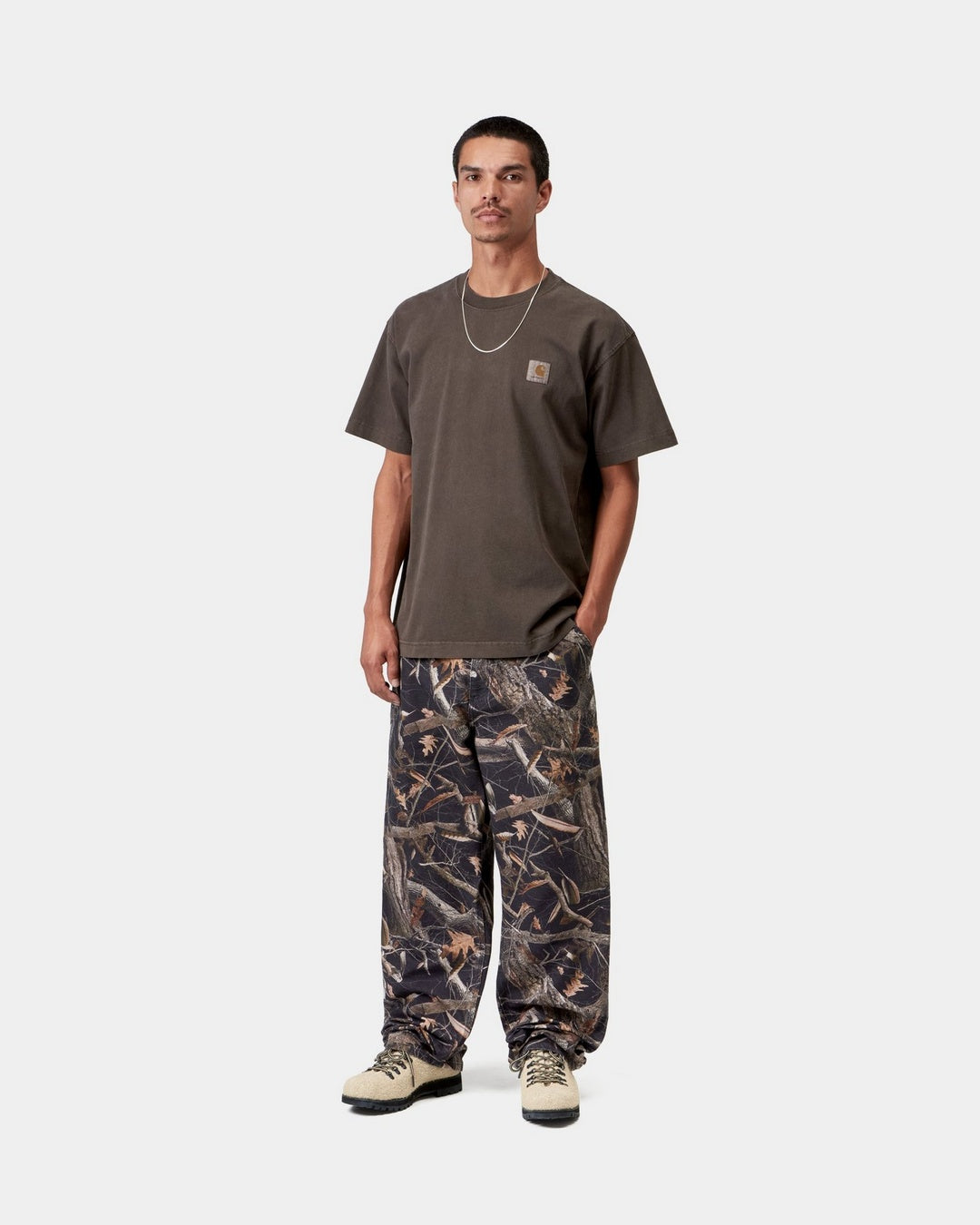 Carhartt WIP S/S Vista T-Shirt in Tobacco, worn on a model, with a small Square Label on the left chest.