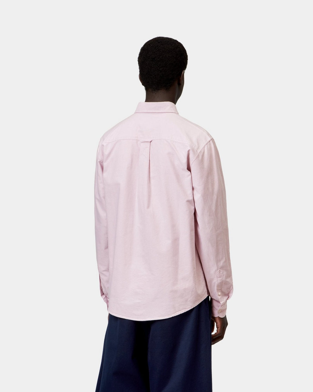 Carhartt WIP L/S C-Logo Shirt in Hortensia / White, back view, light pink long-sleeve button-down shirt on model