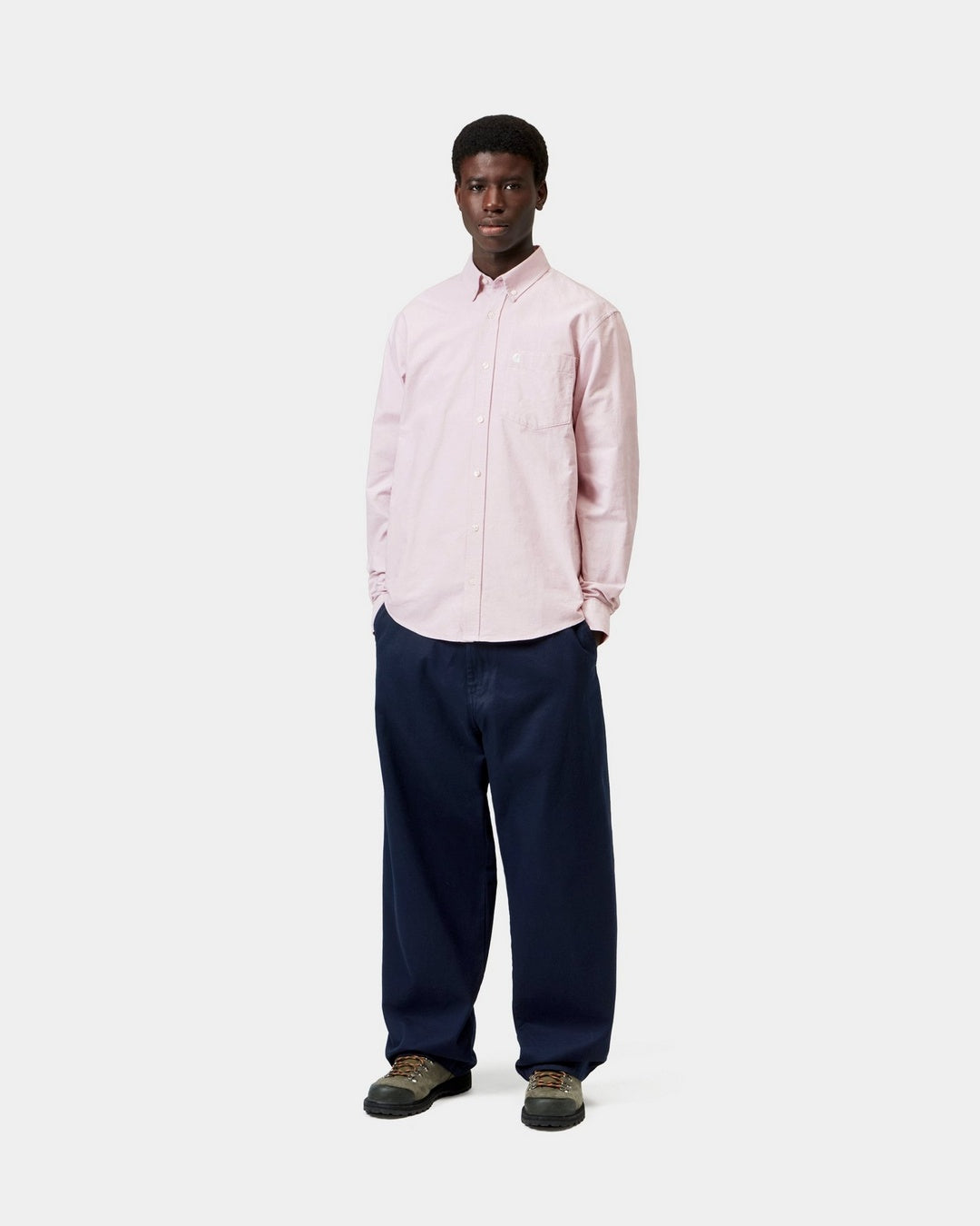 Carhartt WIP L/S C-Logo Shirt in Hortensia / White, worn by model in a front view, with button collar, chest pocket, and long sleeves.