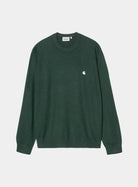 Carhartt WIP Madison Sweater in Dark Scarab / Wax, shown front view with embroidered chest logo and ribbed collar, cuffs, and hem.