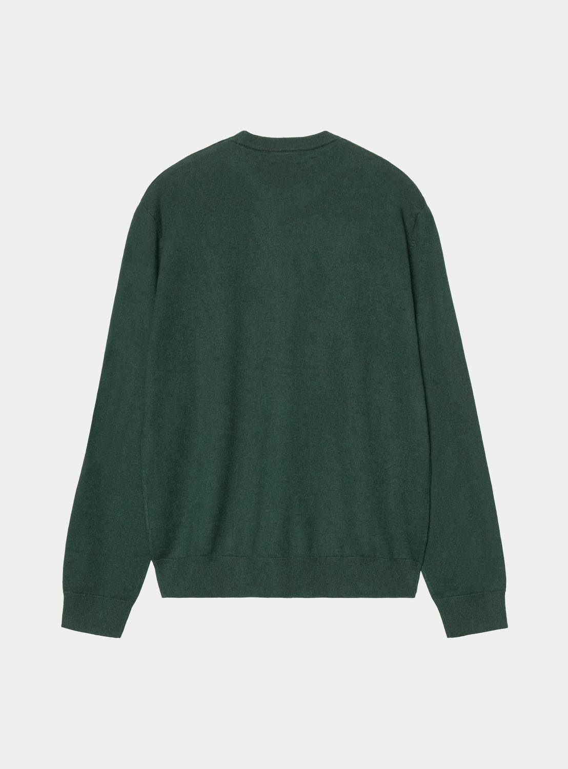 Carhartt WIP Madison Sweater in Dark Scarab / Wax, back view, with ribbed collar, cuffs, and hem.
