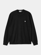 Carhartt WIP Madison Sweater in Black / Wax, front view, with embroidered chest logo and ribbed collar, cuffs and hem.