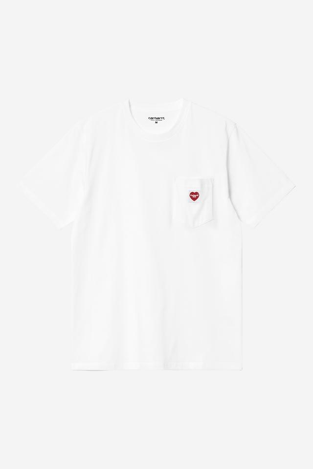 White t-shirt with a red heart logo on a white background