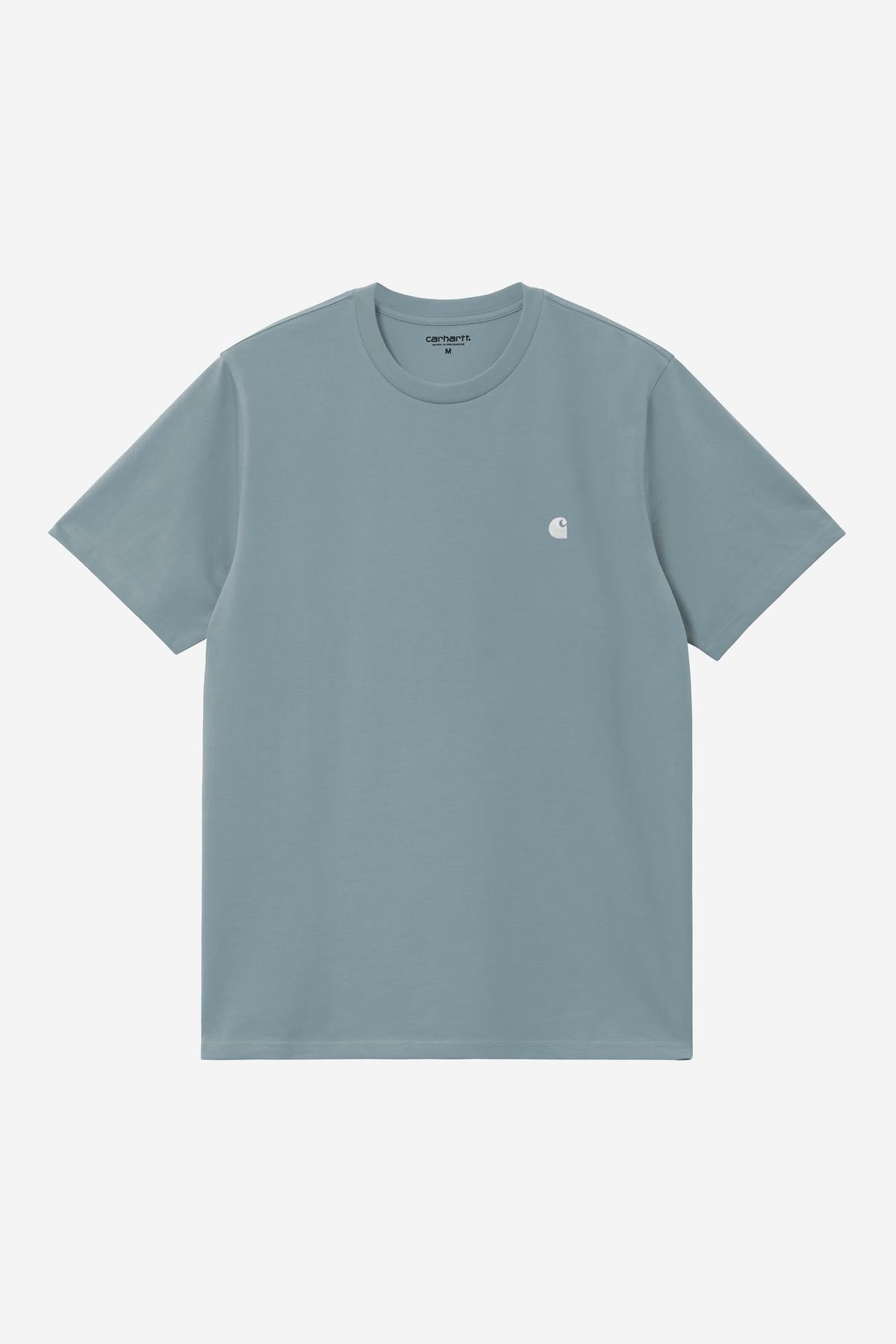 Light blue t-shirt with a small logo on a white background