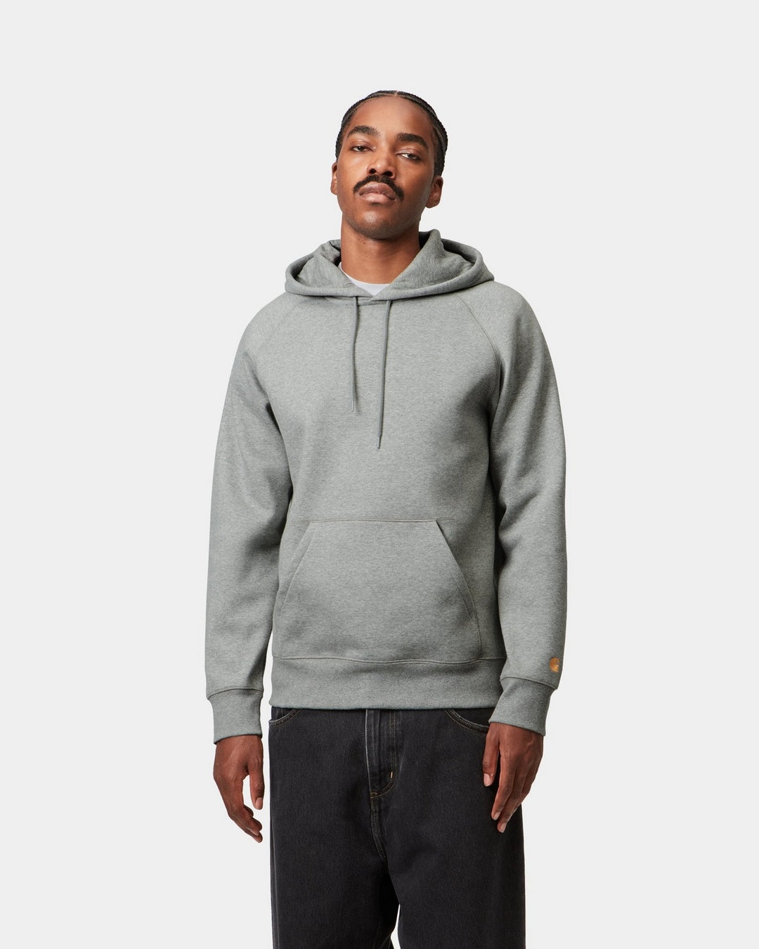 Carhartt WIP Hooded Chase Sweat in Grey Heather/Gold front view on model