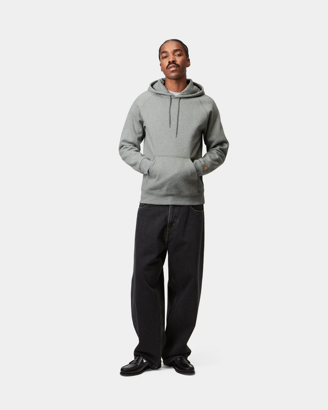 Carhartt WIP Hooded Chase Sweat in Grey Heather/Gold with hood up on model