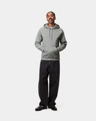 Carhartt WIP Hooded Chase Sweat in Grey Heather/Gold with hood up on model