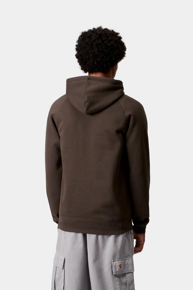 Person wearing a brown hoodie from behind on a white background