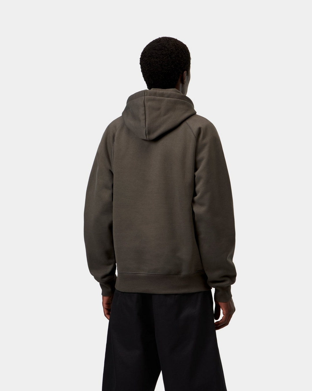 Carhartt WIP Hooded Chase Sweatshirt in Shungite / Gold, back view of a hooded sweatshirt on a model.