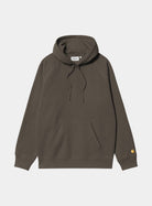 Carhartt WIP Hooded Chase Sweatshirt in Shungite / Gold, front view with hood, drawstrings, kangaroo pocket, and gold logo on the sleeve.