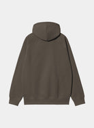 Back view of a Carhartt WIP Hooded Chase Sweatshirt in Shungite / Gold, showing the hood and long sleeves.