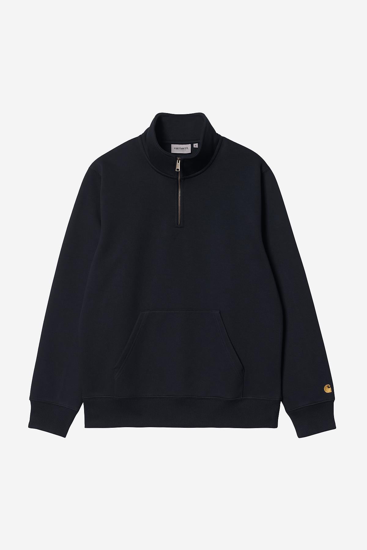 Navy half-zip sweatshirt with a gold logo on a white background