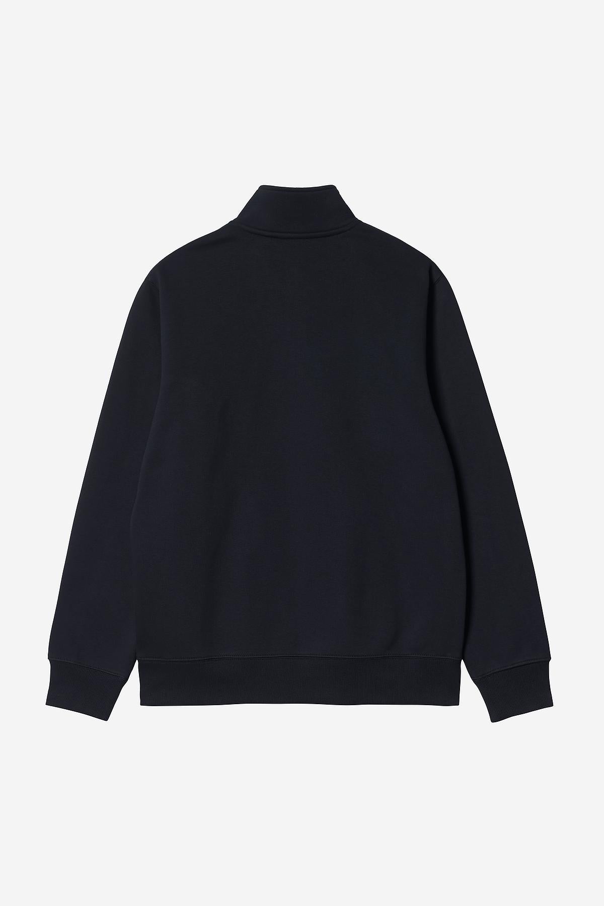 navy zip sweat on a light gray background