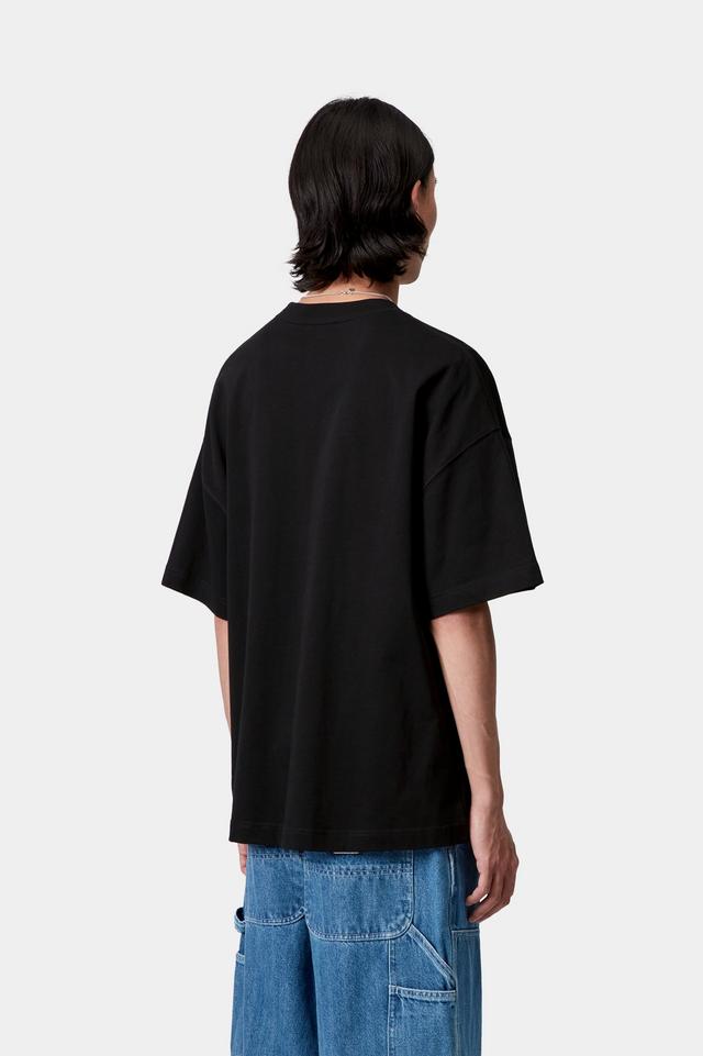 Person wearing a black t-shirt and blue jeans on a white background