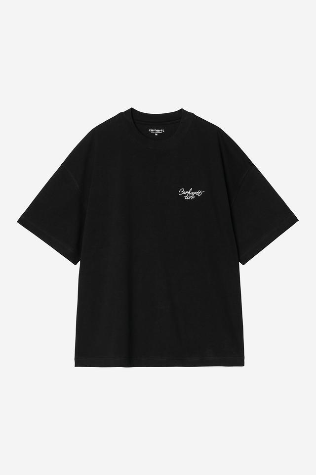 Black t-shirt with a small white logo on a light gray background