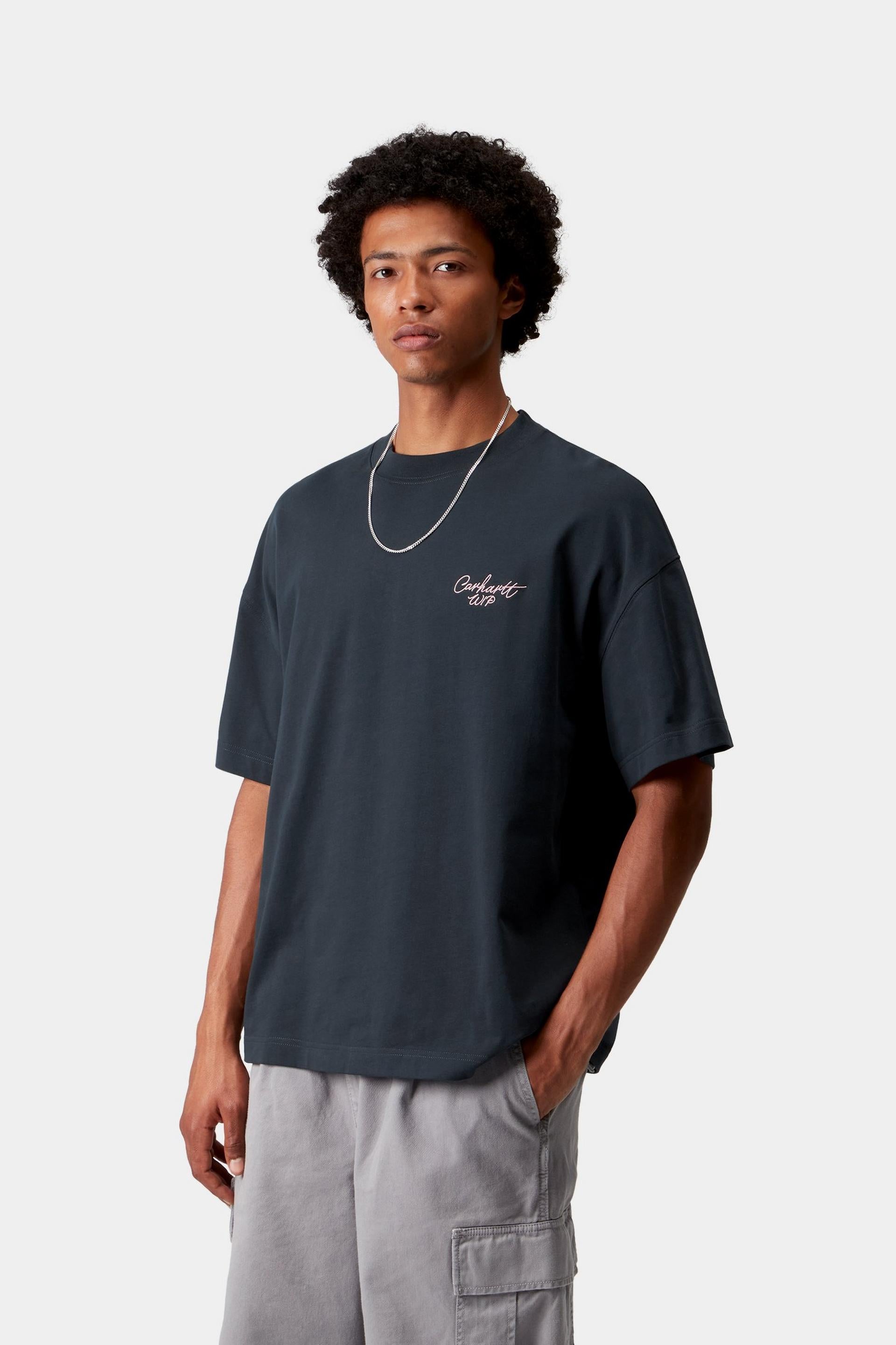 Men's Short Sleeve Signature Script T-Shirt-Deep Night / Glassy Pink-Model Front View
