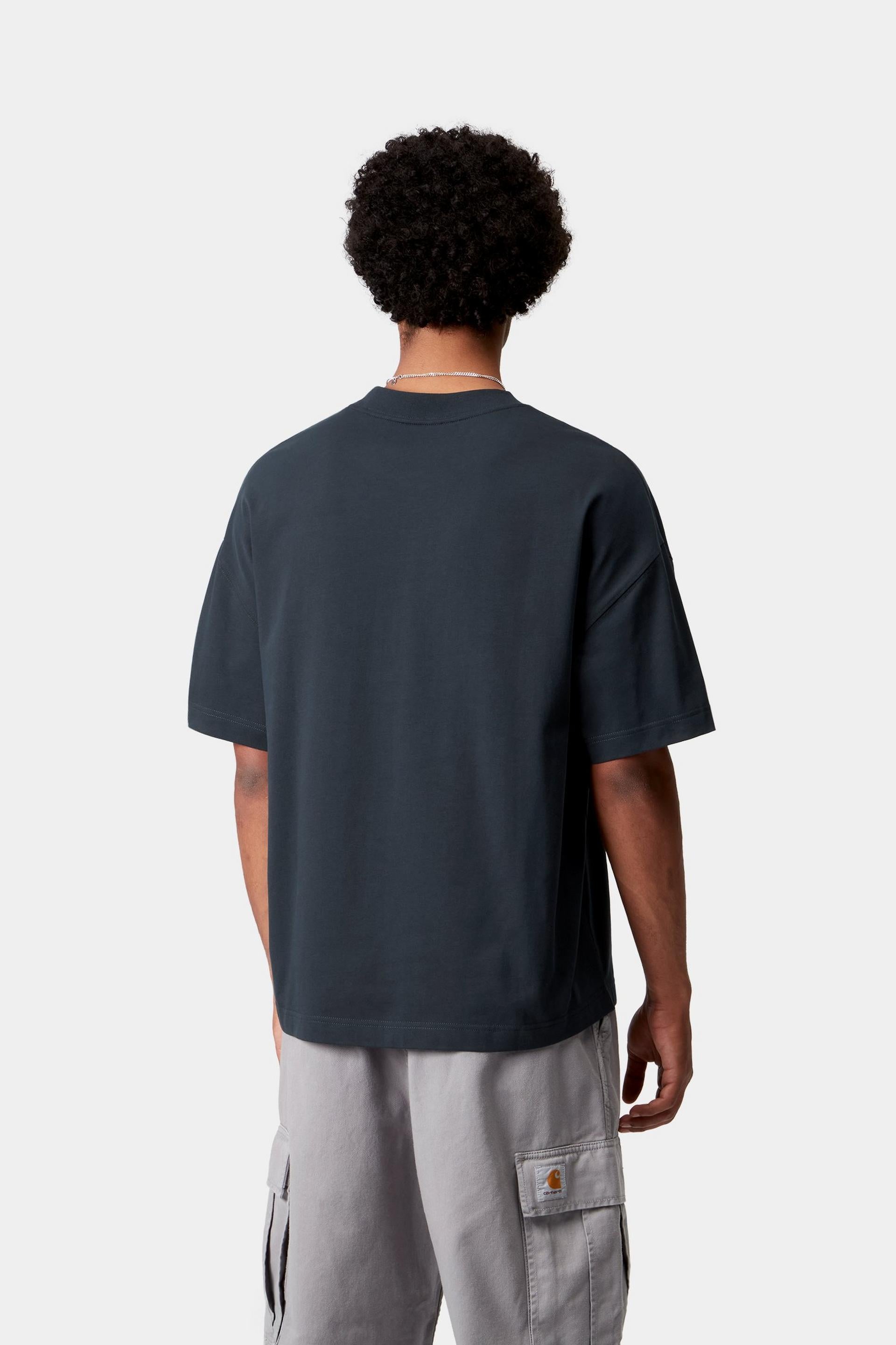 Men's Short Sleeve Signature Script T-Shirt-Deep Night / Glassy Pink-Model Back View