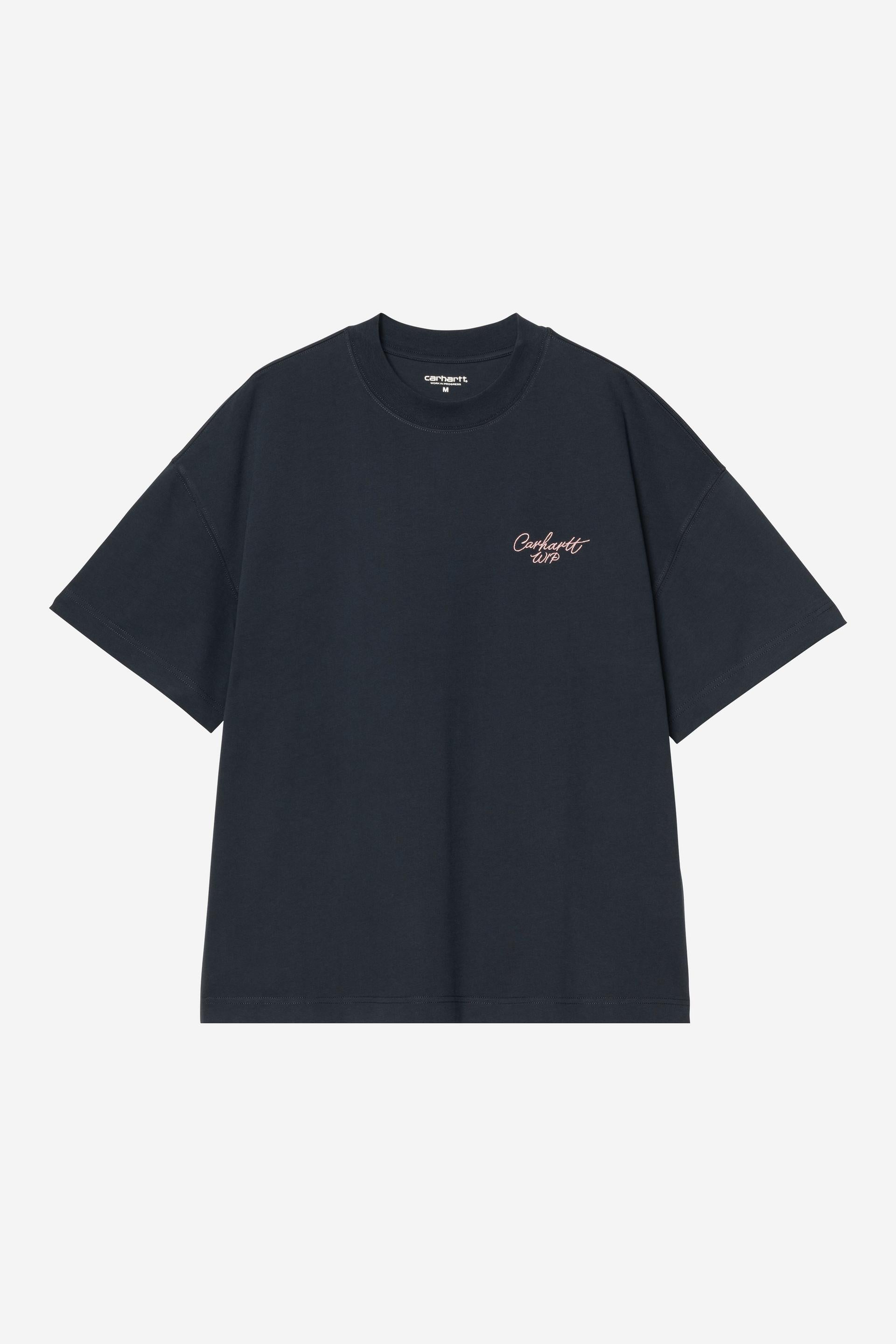 Men's Short Sleeve Signature Script T-Shirt-Deep Night / Glassy Pink-Ghost Front View