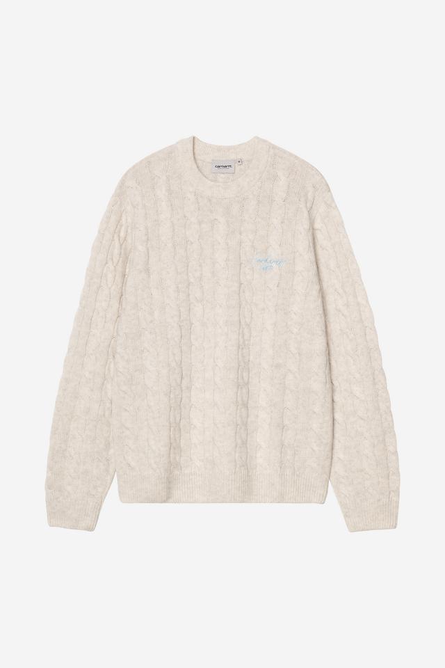 Beige cable knit sweater on a white background