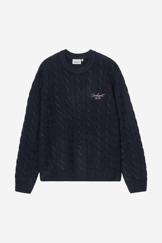 Navy cable knit sweater with a small embroidered logo on a light gray background