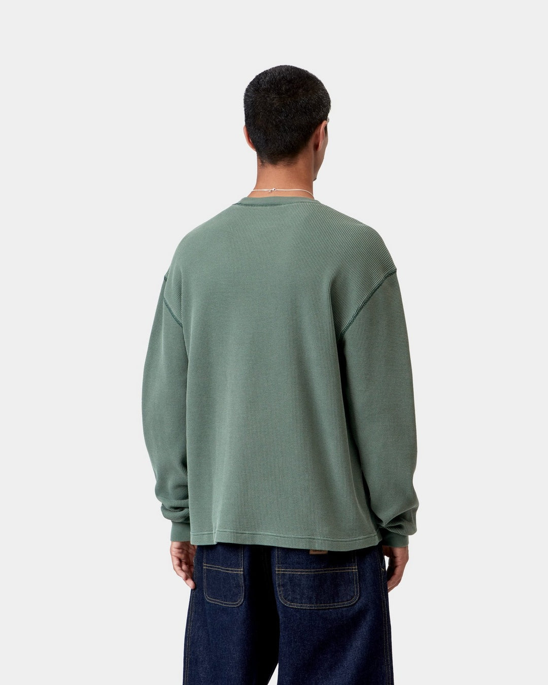 Carhartt WIP L/S Vista Waffle T-Shirt in Dark Scarab, shown from the back with a loose fit and waffle texture, shown on model.