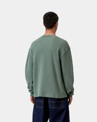 Carhartt WIP L/S Vista Waffle T-Shirt in Dark Scarab, shown from the back with a loose fit and waffle texture, shown on model.