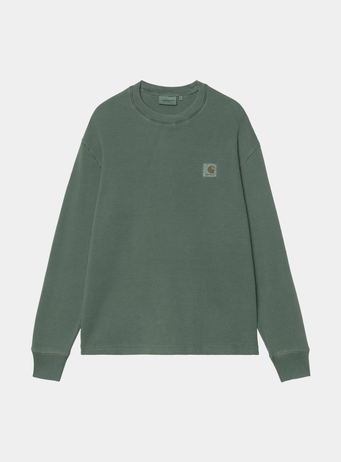 Carhartt WIP L/S Vista Waffle T-Shirt in Dark Scarab, front view with long sleeves, waffle texture and small chest logo label.