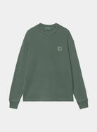Carhartt WIP L/S Vista Waffle T-Shirt in Dark Scarab, front view with long sleeves, waffle texture and small chest logo label.