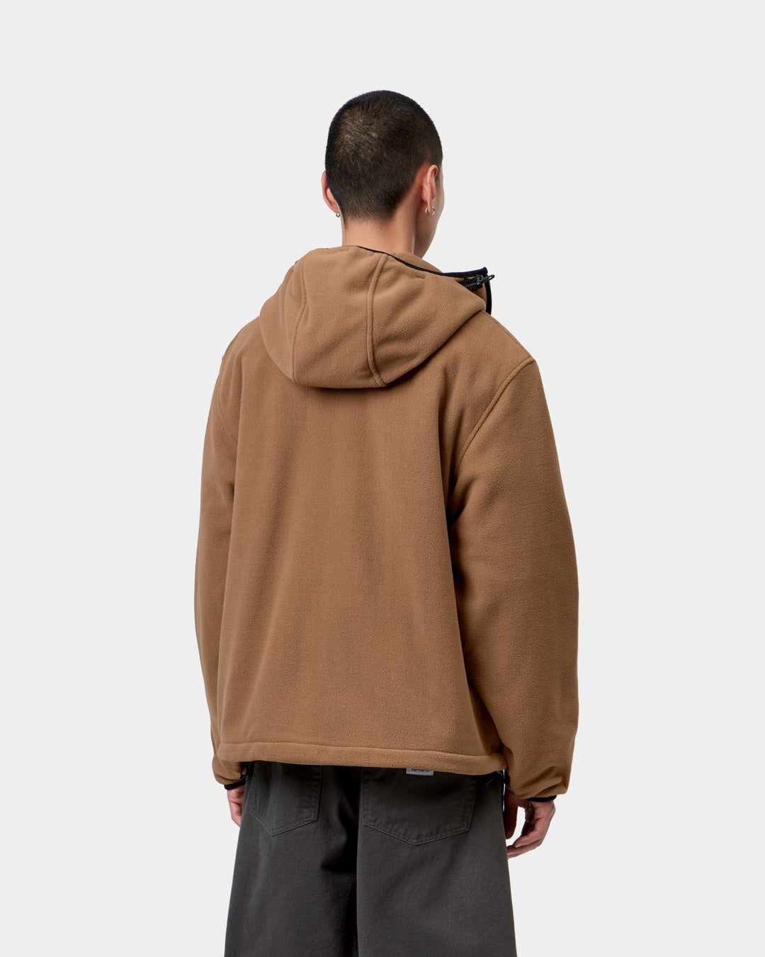 Carhartt WIP Blevin Liner in WIP H Brown, back view, with hood and long sleeves, shown on model.