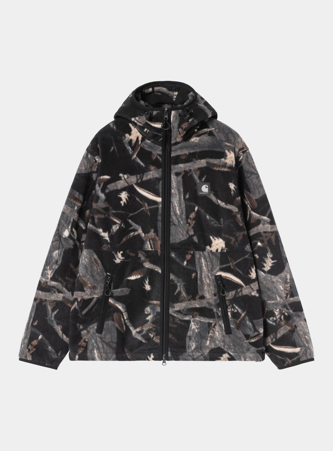 Carhartt WIP Blevin Liner in Camo Feather Tree, Black, shown front view with full zip, hood, zip pockets, and chest logo patch.