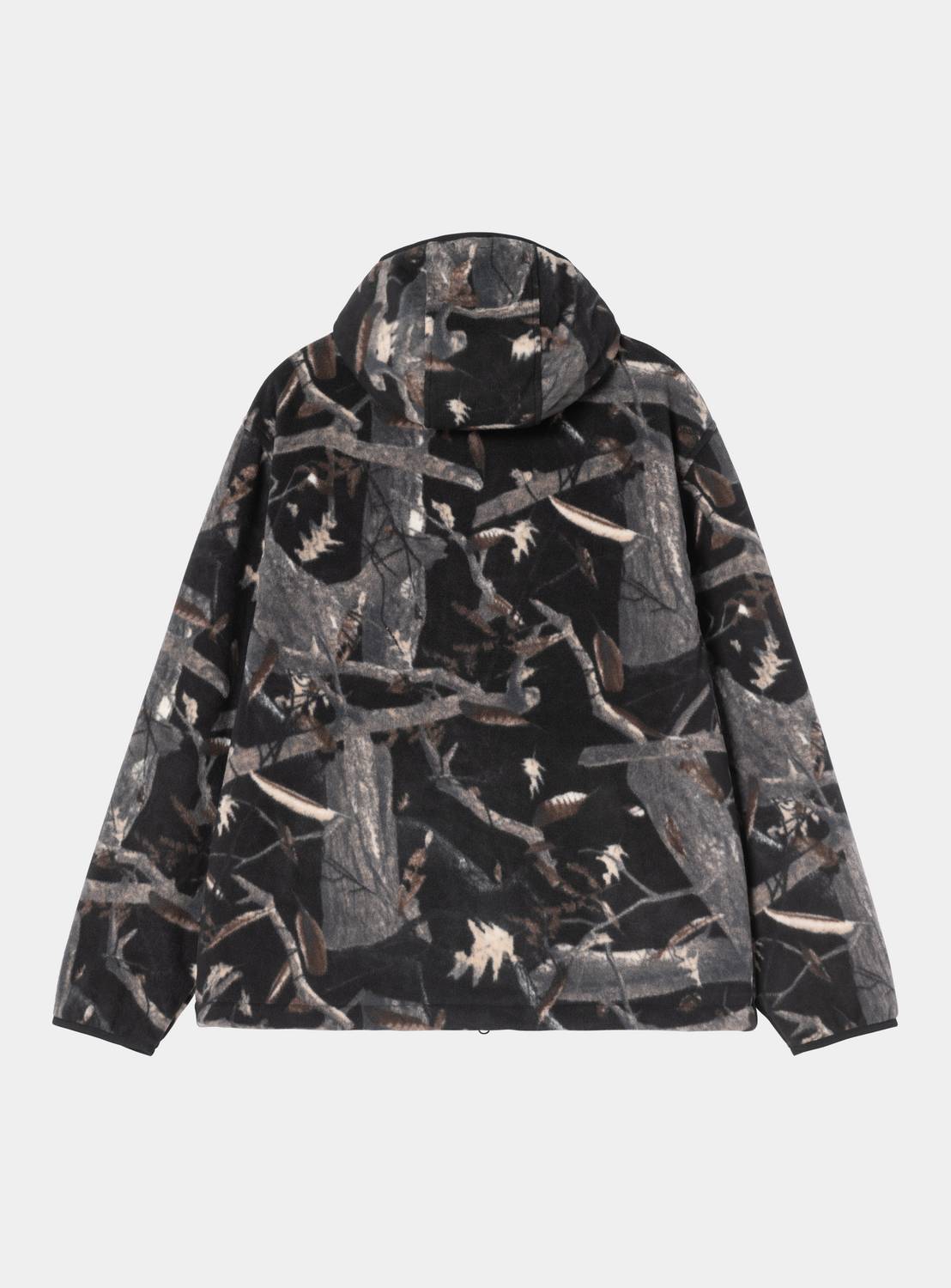 Carhartt WIP Blevin Liner in Camo Feather Tree, Black, shown from the back with hood and long sleeves.