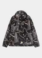Carhartt WIP Blevin Liner in Camo Feather Tree, Black, shown from the back with hood and long sleeves.