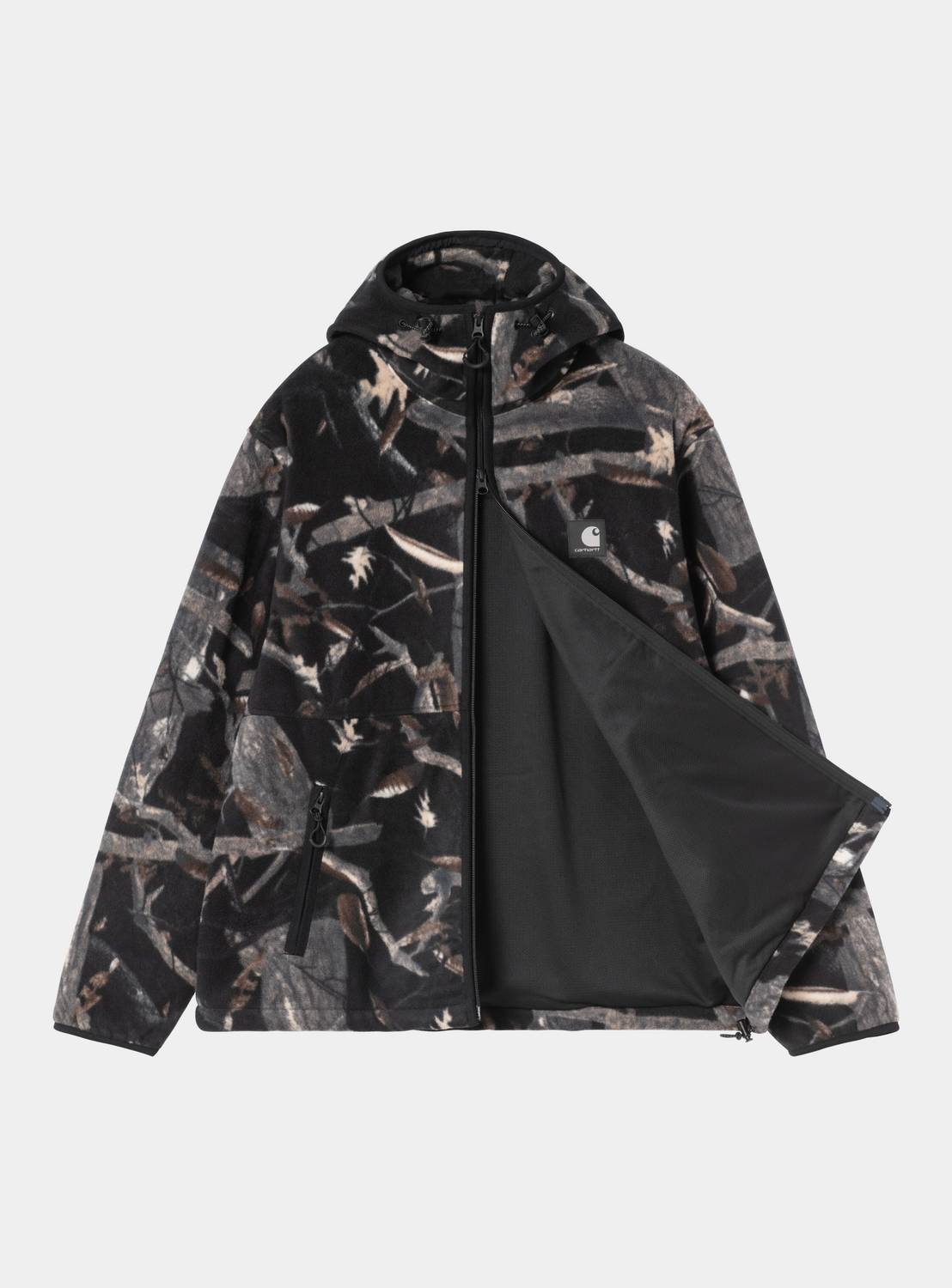Carhartt WIP Blevin Liner jacket in Camo Feather Tree, Black, shown with the front partially open, hood, zip closure, and reflective Square Label.