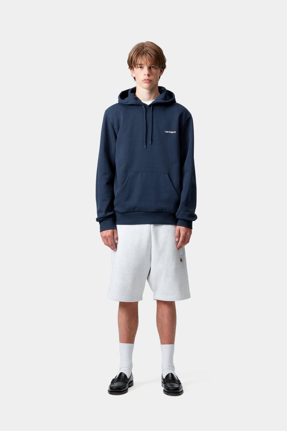 Carhartt WIP Hooded Script Embroidery Sweat-Jupiter/White Jupiter / White model front view