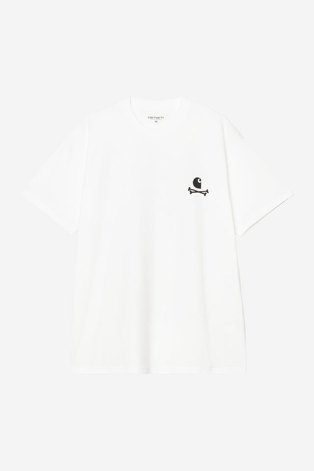 White shirt with a small black logo on a white background