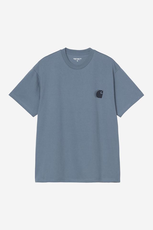 Blue t-shirt with a black logo on a white background
