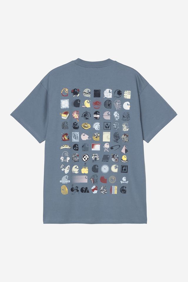 Blue t-shirt with colorful graphic designs on a white background