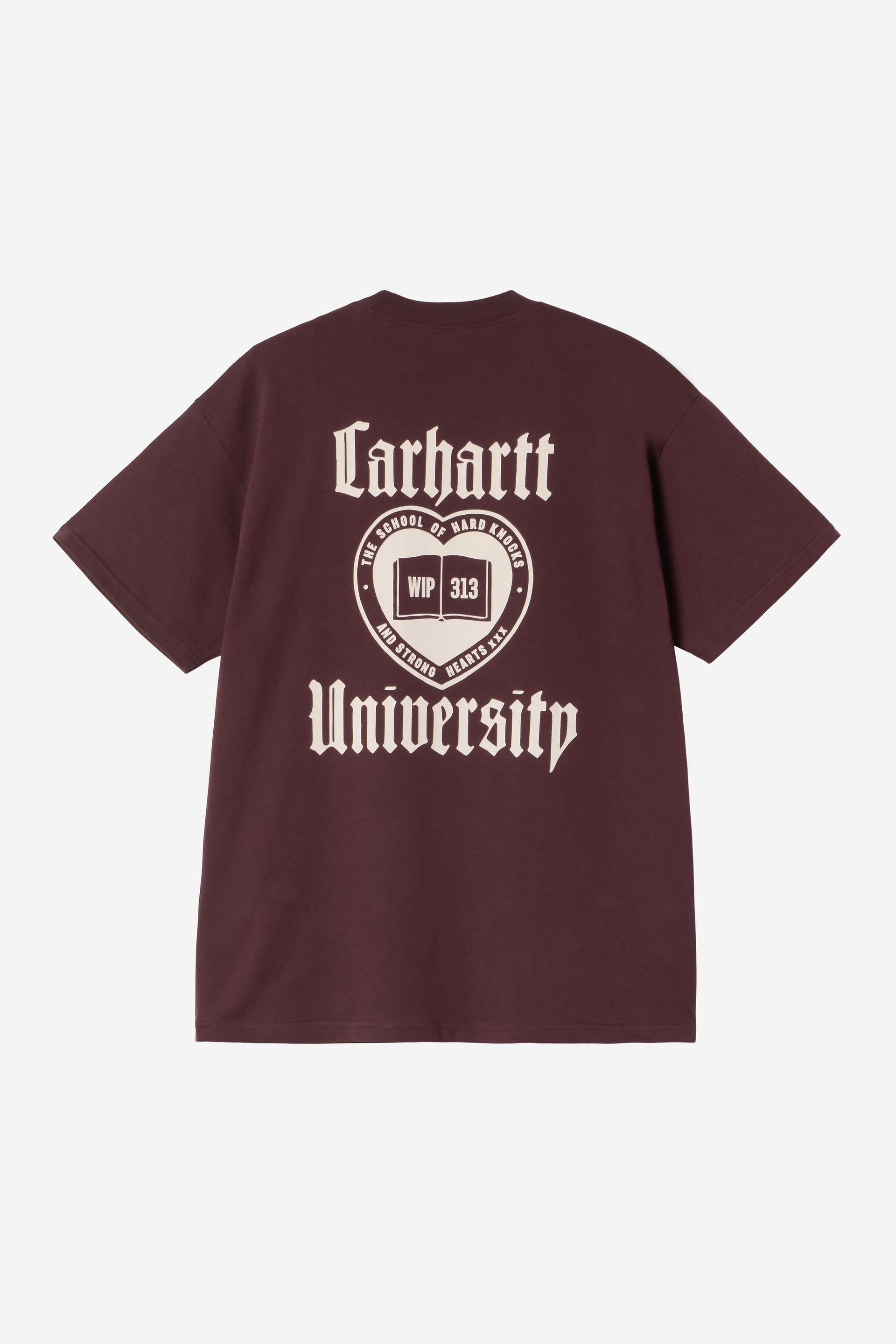Maroon t-shirt with 'Carhartt University' logo on a white background