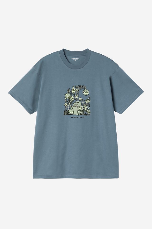 Blue t-shirt with graphic design on a white background