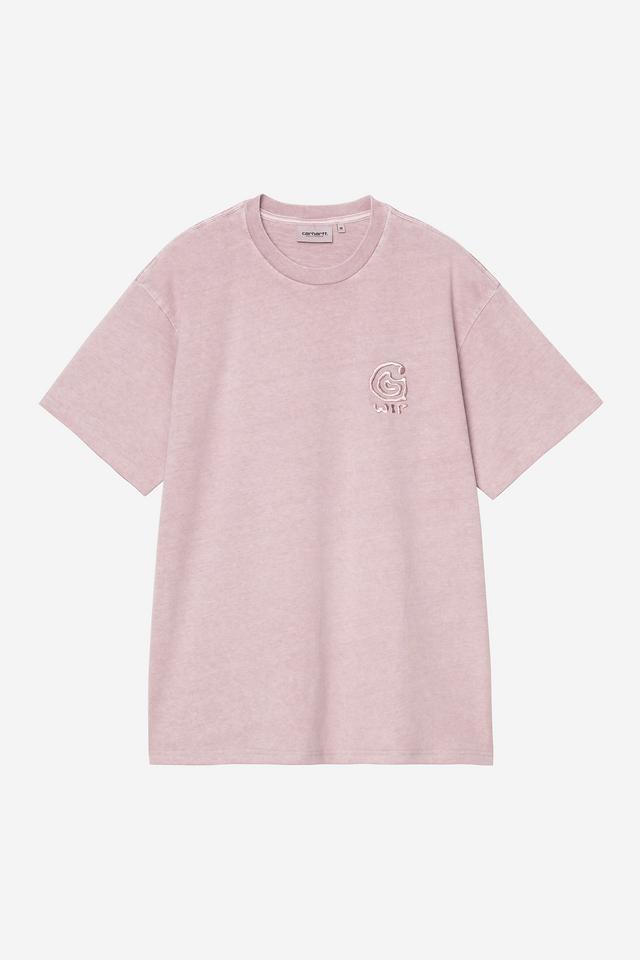 Pink t-shirt with a small logo on a light gray background