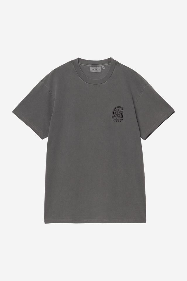 Gray t-shirt with a logo on a white background