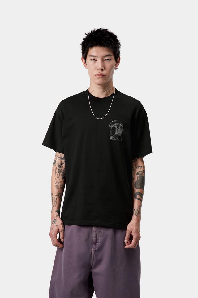 Men's Short Sleeve Okniceok 02 T-Shirt-Black-Model Wearing Tee, Closer Up View