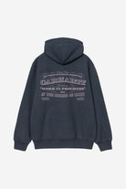 Dark blue hoodie with purple text on the back against a light gray background