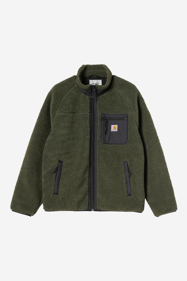Green fleece jacket with black zippers and pocket on a white background