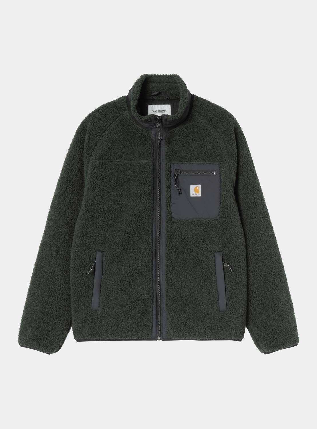 Carhartt WIP Prentis Liner in Raven / Black, front view, with zip front, funnel neck, chest pocket, and side pockets.