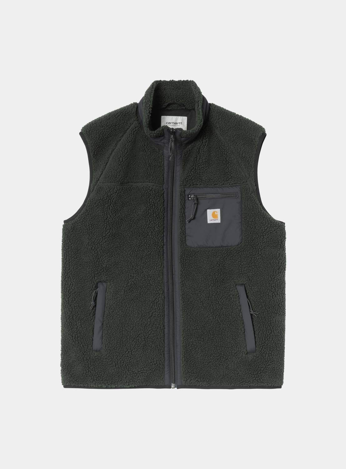 Carhartt WIP Prentis Vest Liner in Raven / Black, front view, with zip closure, funnel neck, chest pocket, and two front pockets