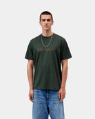 Carhartt WIP S/S Script T-Shirt in Dark Scarab / Palisander, front view, with Script logo on the chest, shown on model.