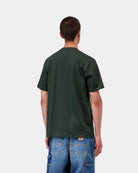 Carhartt WIP S/S Script T-Shirt in Dark Scarab / Palisander shown from the back on a model.