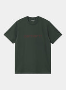 Carhartt WIP S/S Script T-Shirt in Dark Scarab / Palisander, front view with Carhartt script logo on the chest.