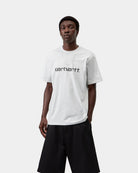 Carhartt WIP S/S Script T-Shirt in Ash Heather / Graphite, front view, with Carhartt logo print on the chest, shown on model.